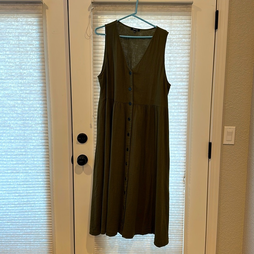 Madewell Button-Front Midi Tank Dress in Linen Forest Green size xl
